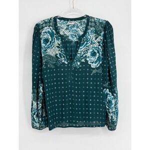 Bila 77 Womens Teal Floral Paisley Mixed Print Split Neck Rayon Blouse Sz S